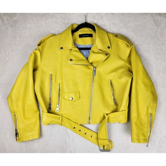 Zara Basic Women's Large Faux Leather Jacket Mustard Yellow Biker - Picture 1 of 13